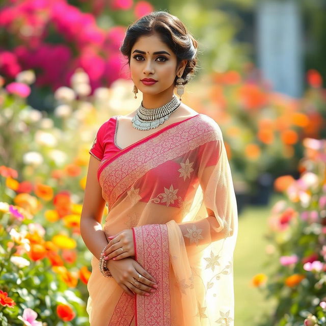 A stunning Indian woman gracefully wearing a transparent saree, showcasing intricate patterns and delicate embroidery