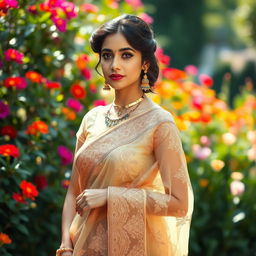 A stunning Indian woman gracefully wearing a transparent saree, showcasing intricate patterns and delicate embroidery