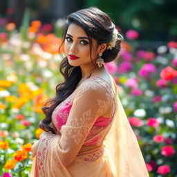 A stunning Indian woman gracefully wearing a transparent saree, showcasing intricate patterns and delicate embroidery