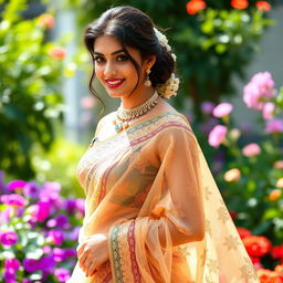 A stunning Indian woman gracefully wearing a transparent saree, showcasing intricate patterns and delicate embroidery