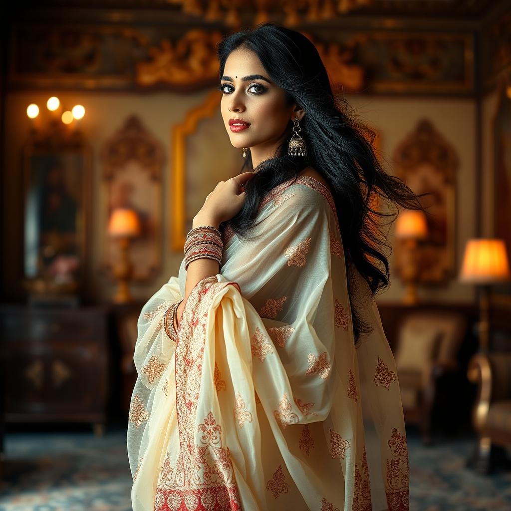 An Indian woman elegantly draped in a transparent saree, showcasing intricate patterns and delicate embroidery