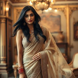 An Indian woman elegantly draped in a transparent saree, showcasing intricate patterns and delicate embroidery