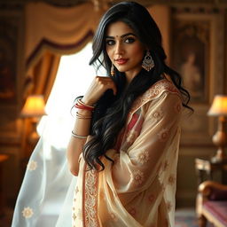 An Indian woman elegantly draped in a transparent saree, showcasing intricate patterns and delicate embroidery