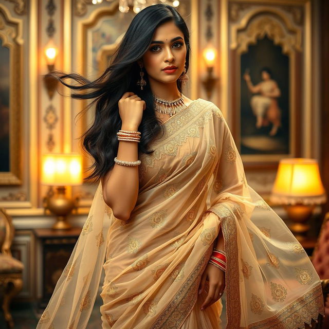 An Indian woman elegantly draped in a transparent saree, showcasing intricate patterns and delicate embroidery