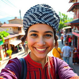 A vibrant selfie of a person wearing a traditional Nepali Dhaka Topi, which is a black and white patterned cap