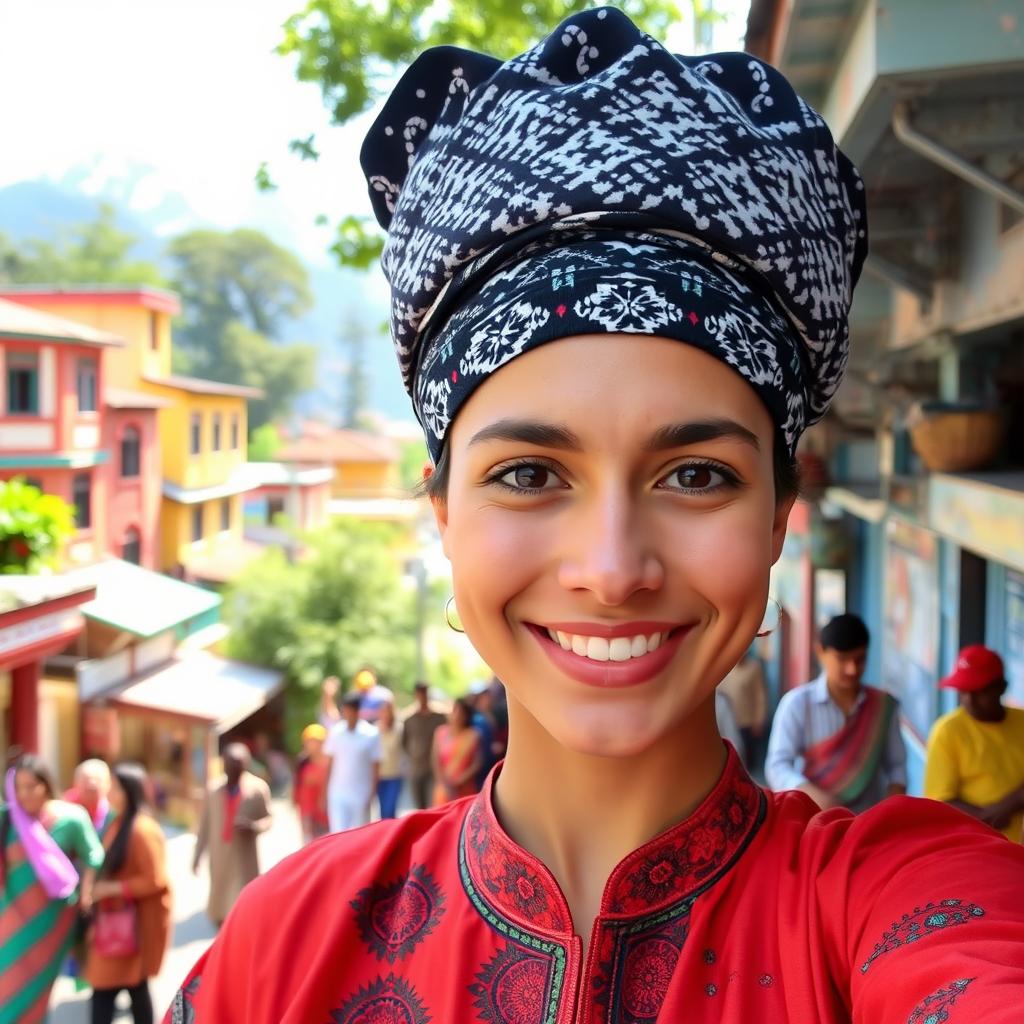 A vibrant selfie of a person wearing a traditional Nepali Dhaka Topi, which is a black and white patterned cap