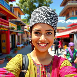 A vibrant selfie of a person wearing a traditional Nepali Dhaka Topi, which is a black and white patterned cap