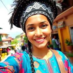 A vibrant selfie of a person wearing a traditional Nepali Dhaka Topi, which is a black and white patterned cap
