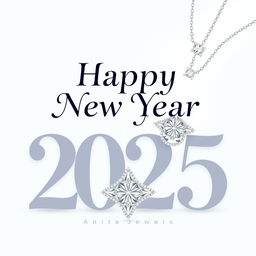 A festive Happy New Year 2025 card design for Anita Jewels, featuring the text 'Happy New Year 2025' in large, elegant font at the center