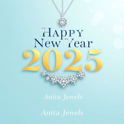 A festive Happy New Year 2025 card design for Anita Jewels, featuring the text 'Happy New Year 2025' in large, elegant font at the center