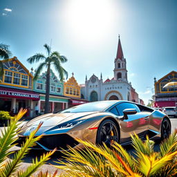 A captivating photograph featuring a sleek Lamborghini parked in front of the iconic architecture of Jepara city