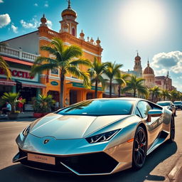 A captivating photograph featuring a sleek Lamborghini parked in front of the iconic architecture of Jepara city
