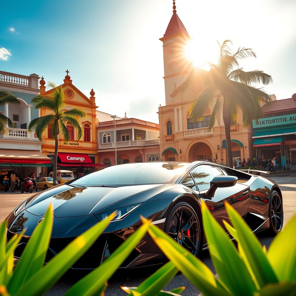 A captivating photograph featuring a sleek Lamborghini parked in front of the iconic architecture of Jepara city