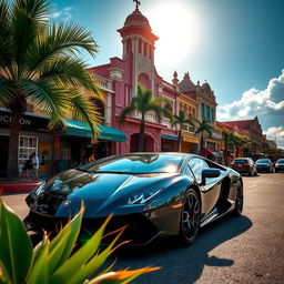A captivating photograph featuring a sleek Lamborghini parked in front of the iconic architecture of Jepara city