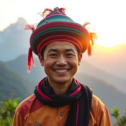 A vibrant and colorful portrait of a Nepali person proudly wearing a traditional Dhaka topi (Nepali national hat)