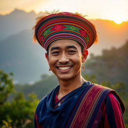 A vibrant and colorful portrait of a Nepali person proudly wearing a traditional Dhaka topi (Nepali national hat)