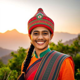 A vibrant and colorful portrait of a Nepali person proudly wearing a traditional Dhaka topi (Nepali national hat)