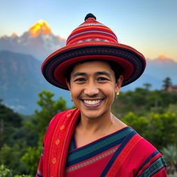 A vibrant and colorful portrait of a Nepali person proudly wearing a traditional Dhaka topi (Nepali national hat)