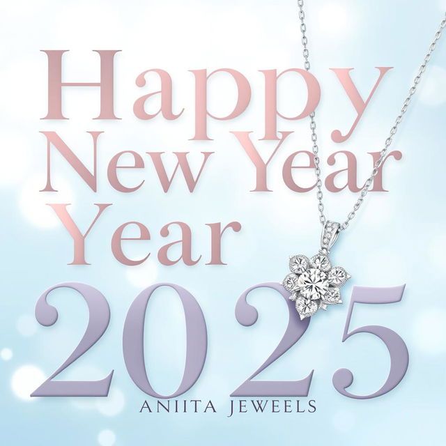 A festive Happy New Year 2025 card design for Anita Jewels, showcasing 'Happy New Year 2025' in large, elegant font