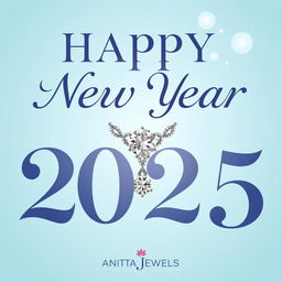 A festive Happy New Year 2025 card design for Anita Jewels, showcasing 'Happy New Year 2025' in large, elegant font