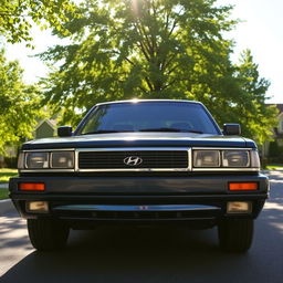A vintage 1995 Hyundai Palisade parked on a sunlit street, showcasing its classic design with distinctive headlights and smooth lines