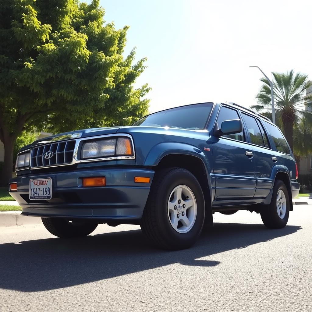A vintage 1995 Hyundai Palisade parked on a sunlit street, showcasing its classic design with distinctive headlights and smooth lines