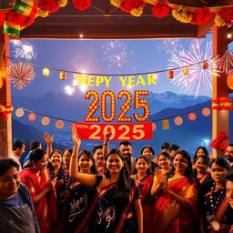 A vibrant and festive New Year celebration scene, showcasing people joyfully celebrating New Year 2025