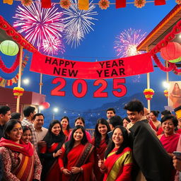 A vibrant and festive New Year celebration scene, showcasing people joyfully celebrating New Year 2025
