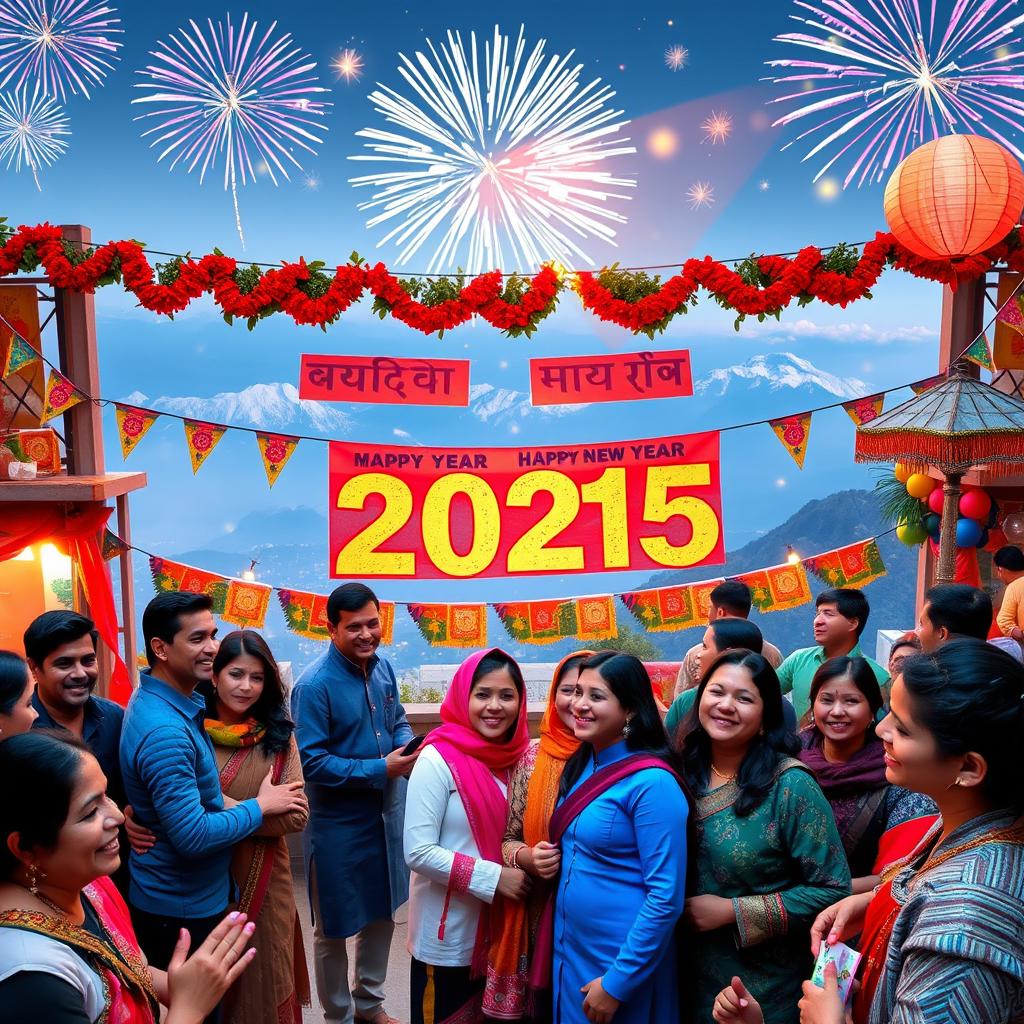 A vibrant and festive New Year celebration scene, showcasing people joyfully celebrating New Year 2025