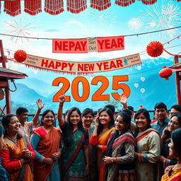 A vibrant and festive New Year celebration scene, showcasing people joyfully celebrating New Year 2025