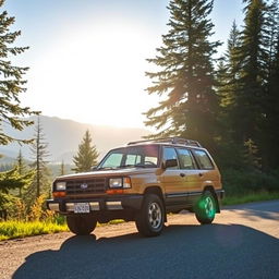 A vintage 1989 Subaru Forester parked on a scenic mountain road, surrounded by lush greenery and towering pine trees