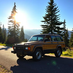 A vintage 1989 Subaru Forester parked on a scenic mountain road, surrounded by lush greenery and towering pine trees
