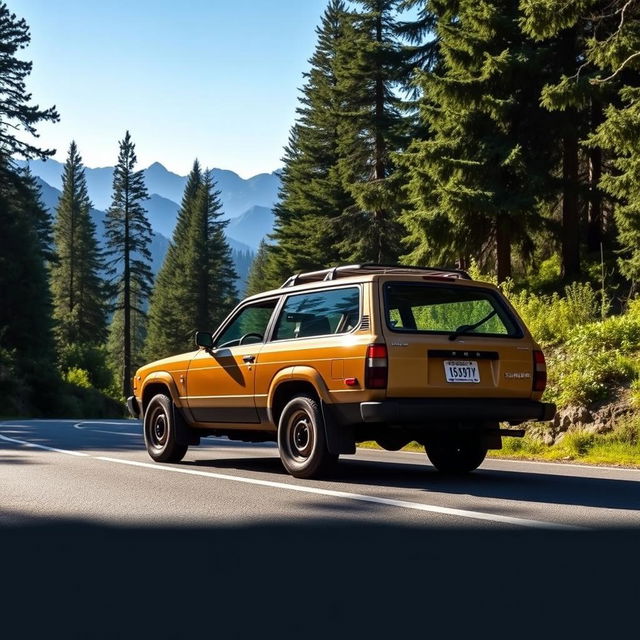 A vintage 1989 Subaru Forester parked on a scenic mountain road, surrounded by lush greenery and towering pine trees