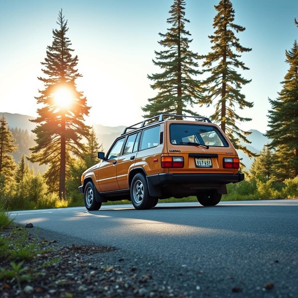 A vintage 1989 Subaru Forester parked on a scenic mountain road, surrounded by lush greenery and towering pine trees