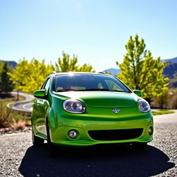 A pristine 2010 Geo Metro parked in a scenic outdoor setting, showcasing its compact design and vibrant color