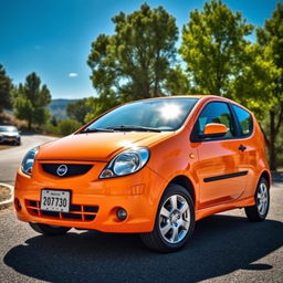 A pristine 2010 Geo Metro parked in a scenic outdoor setting, showcasing its compact design and vibrant color