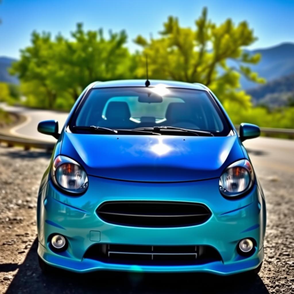 A pristine 2010 Geo Metro parked in a scenic outdoor setting, showcasing its compact design and vibrant color