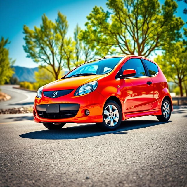 A pristine 2010 Geo Metro parked in a scenic outdoor setting, showcasing its compact design and vibrant color