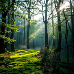 A serene forest scene at dawn, with sunlight streaming through treetops covered in morning dew