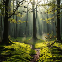 A serene forest scene at dawn, with sunlight streaming through treetops covered in morning dew