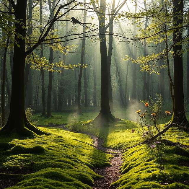 A serene forest scene at dawn, with sunlight streaming through treetops covered in morning dew