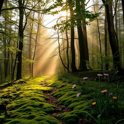 A serene forest scene at dawn, with sunlight streaming through treetops covered in morning dew