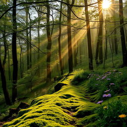 A serene forest scene at dawn, with sunlight streaming through treetops covered in morning dew
