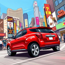 A sleek, sporty 2009 Geo Storm illustrated in a vibrant cityscape, showcasing its dynamic curves and modern styling