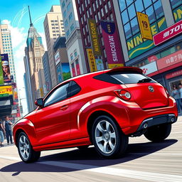A sleek, sporty 2009 Geo Storm illustrated in a vibrant cityscape, showcasing its dynamic curves and modern styling