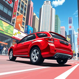 A sleek, sporty 2009 Geo Storm illustrated in a vibrant cityscape, showcasing its dynamic curves and modern styling