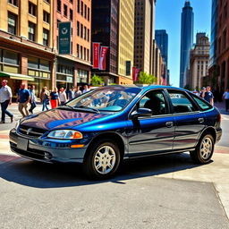 A sleek 2000 Dodge Colt Vista parked in an urban setting, showcasing its unique four-door design with a spacious interior