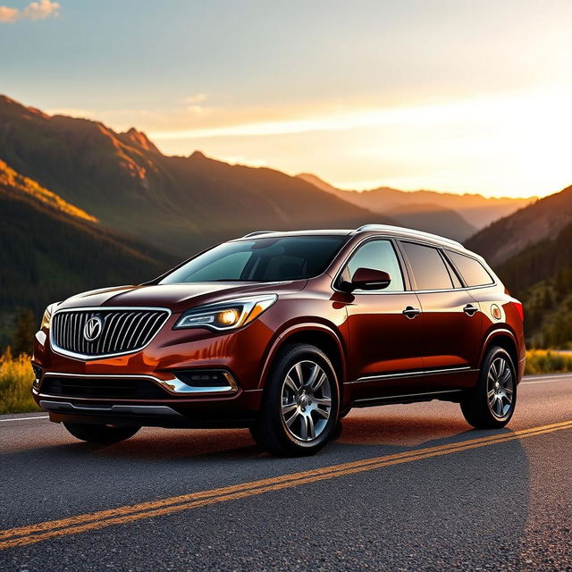 A sleek 2015 Oldsmobile Bravada showcased on a scenic mountain road during sunset, with a warm golden glow illuminating the car