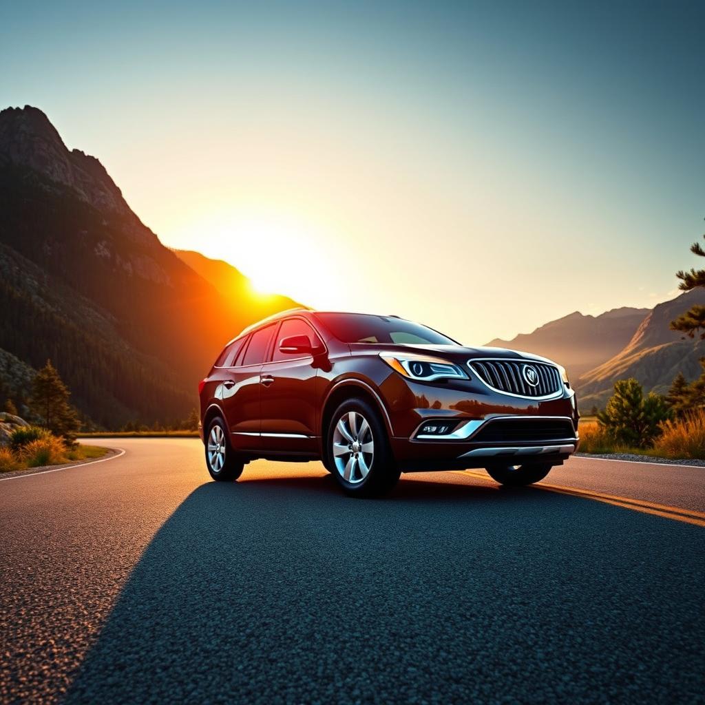 A sleek 2015 Oldsmobile Bravada showcased on a scenic mountain road during sunset, with a warm golden glow illuminating the car