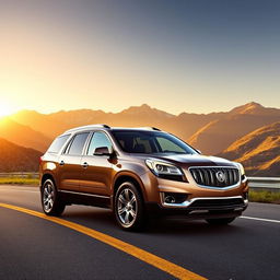 A sleek 2015 Oldsmobile Bravada showcased on a scenic mountain road during sunset, with a warm golden glow illuminating the car